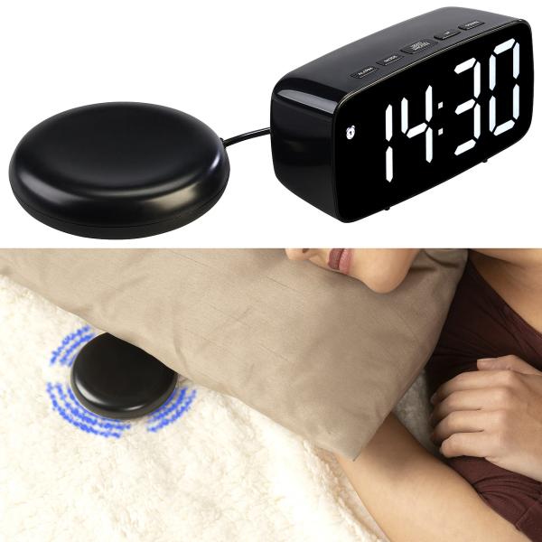 LED alarm clock with vibration pad, 3 alarm modes, snooze, temperature