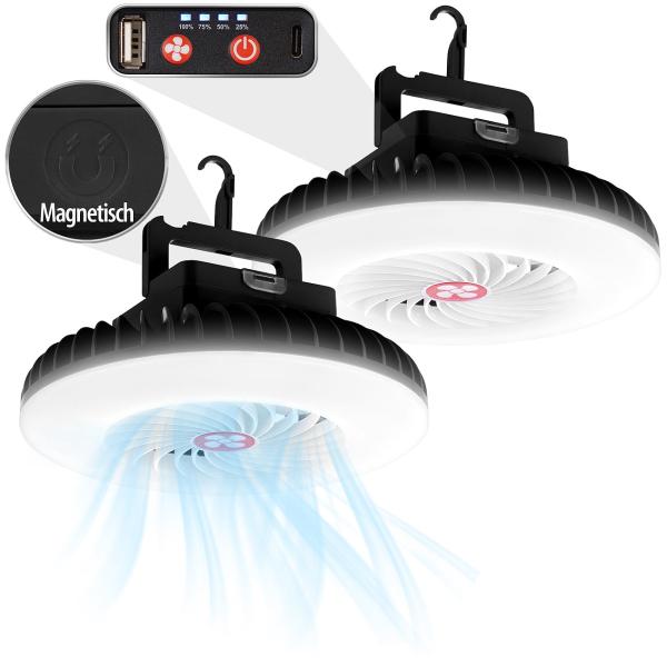 2er-Set 3in1-Akku-LED-Lichter und Ventilatoren + USB-Powerbank, Ø 16,6 cm