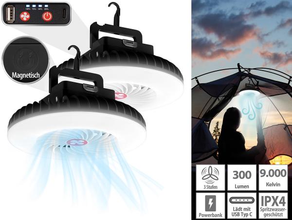 2er-Set 3in1-Akku-LED-Lichter und Ventilatoren + USB-Powerbank, Ø 16,6 cm