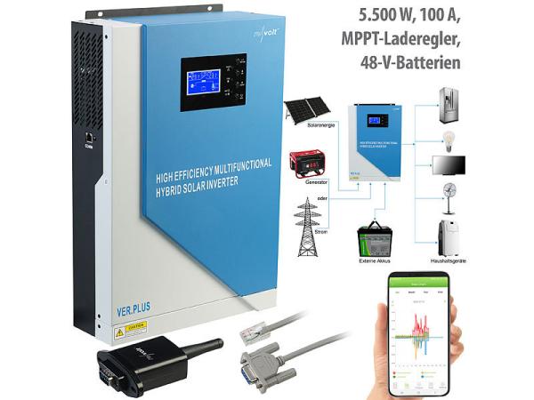 Solar Hybrid Inverter, 5.500 W, 100 A, régulateur de charge MPPT, module WLAN, onde sinusoïdale pure, contrôlable par App