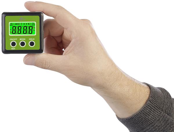 Goniometro digitale, display LCD illuminato, alluminio, IP54, 0-360°