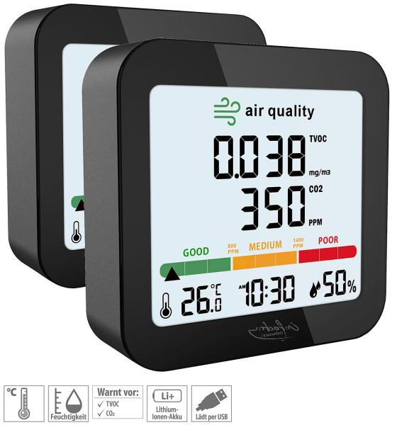 set di 2 dispositivi di misurazione ricaricabili per TVOC, con display per CO2, termoigrometro
