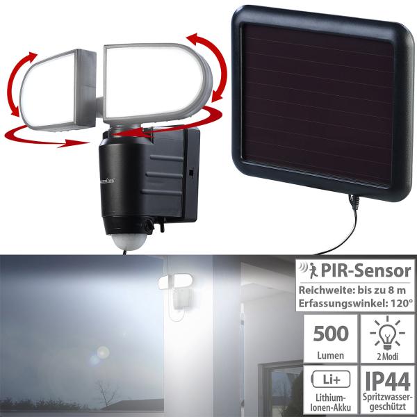 2er-Set Duo-Solar-LED-Aussenstrahler mit PIR-Bewegungssensor, 1 Watt, IP44