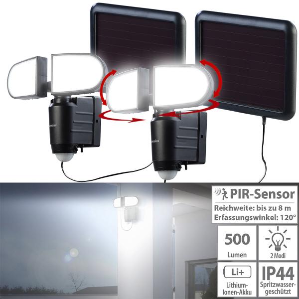 2er-Set Duo-Solar-LED-Aussenstrahler mit PIR-Bewegungssensor, 1 Watt, IP44
