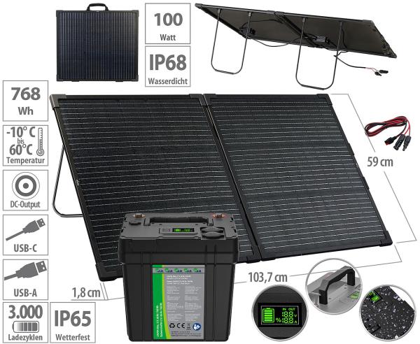 Solar power set: LiFePO4 battery with 100 W solar panel, 768 Wh, 12 V DC, PD