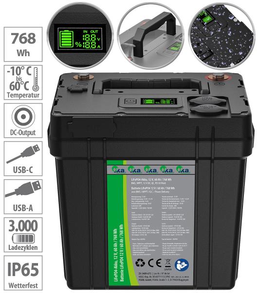 Solar power set: LiFePO4 battery with 100 W solar panel, 768 Wh, 12 V DC, PD