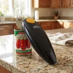 Electric can opener, black: Effortless opening of cans at the touch of a butt...