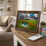 Digital photo frame in elegant wood look with app control & worldwide picture...