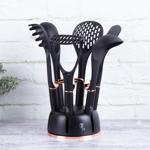 Set ustensiles cuisine 6 pièces - Support pivotant 360° - Nylon noir-or rose ...