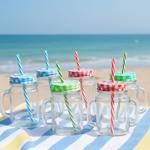 Retro drinking glasses with colorful lid, handle and straw: a set of 6 for le...