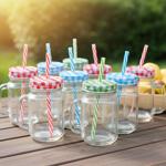 Retro drinking glasses with colorful lids, handles and straws: a set of 12 fo...