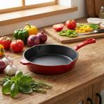 Gusseisen Pfanne Rot Ø 26,3 cm mit Ausgiesser, hochwertige Bratpfanne aus Gus...