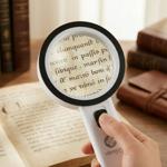 LED handheld magnifier with light, 5x magnification, 80 mm glass lens, 12 bri...