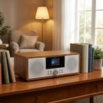 Kompaktes Musiksystem in Holz-Optik: Edles Internetradio, DAB+/FM, CD, Blueto...