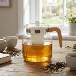 Elegant glass teapot 1.5L with wooden handle, heat-resistant borosilicate gla...