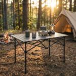 Tavolo da campeggio regolabile in altezza con piano arrotolabile in metallo, ...