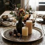 Round gold decorative plate 39 cm, metal tray with grooved pattern for Advent...