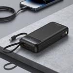 20,000mAh power bank with integrated cables, USB‑C PD & Quick Charge, fast‑ch...