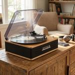 Elegante giradischi retrò con Bluetooth, potenti altoparlanti integrati e tes...