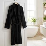 Comfortable black bathrobe made of 100% cotton terry with shawl collar, one s...