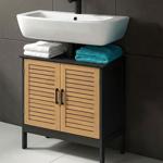 Elegant vanity unit in black & wood look: MDF bathroom cabinet, modern under-...