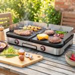 Electric barbecue grill with 2 separate grilling zones, reversible grill plat...