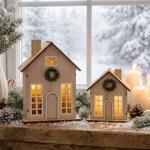 2er-Set Schönes Deko LED Haus mit Timer 11,5x8x17/24x15,5x9,5 cm: Beleuchtete...