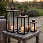 Laternen 3er Set aus Holz & Metall, schwarz mit Glas und Kiefernholz-Deckel, ...