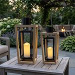 2er-Set Laterne aus Holz & Metall mit LED Kerze und Timer, 38 cm & 48,5 cm, o...