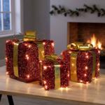 LED gift boxes, set of 3 red-gold, illuminated Christmas presents décor with ...