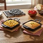 set of 2 square cast iron serving pans, 2 handles, bamboo board as elegant tr...