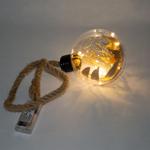 Palla di vetro con foglie color oro e 10 LED, bianco caldo