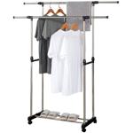 Adjustable mobile coat stand with double clothes rail (chrome/black): Rollabl...