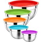 Stainless steel mixing bowl set with silicone lid, 5 sizes
