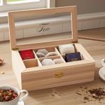 Wooden tea bag box with 6 compartments and transparent lid