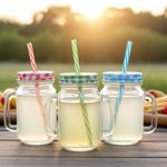 Retro-Trinkgläser mit buntem Deckel, Henkel und Trinkhalm: Ein 3er-Set für Li...