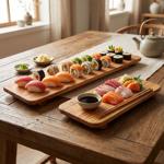 Sushi Servierbrett Set 2tlg aus Olivenholz - Handgefertigt, mit Füssen & Saft...