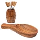 Tapas-Set aus Olivenholz - Handgefertigte Schale 22 cm & Fass mit 6 Snack-Gab...