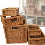 5 rattan baskets, various sizes, some with carry handles, rectangular, honey