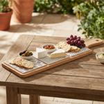 Bamboo serving board with three ceramic plates, 44.1 x 12 x 1.2 cm