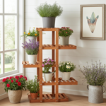 Etagère à fleurs élégante à 5 étages - support de plantes brun clair en bois ...