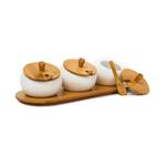 Set of 3 ceramic spice jars – dip bowls with lids, spoons & bamboo tray – jam...