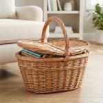 Korb aus gesottener Vollweide - oval mit Deckel und Henkel - Braun, 28x19x34c...