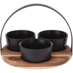 Servier-Set 3 Schalen Steingut schwarz mit Holztablett und Metallbogen - Edle...