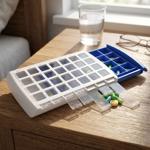 Clearly arranged pill box with 28 compartments, 7 days with 4 compartments ea...