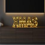 Scritta a LED “XMAS“ in legno e specchi con timer e funzionamento a batteria